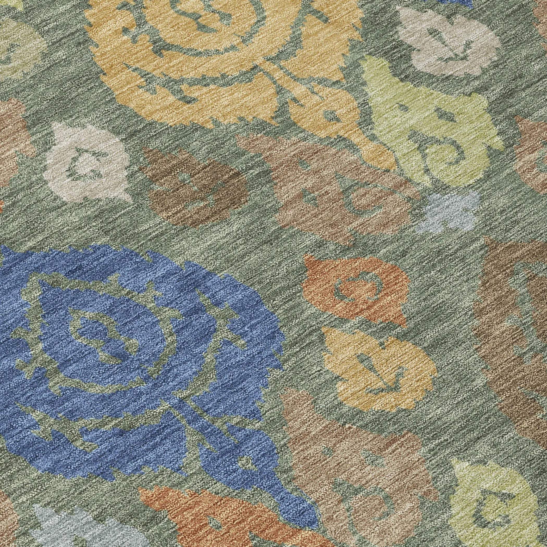 9' X 12' Green And Gold Damask Washable Indoor Outdoor Area Rug Homeroots Outdoor