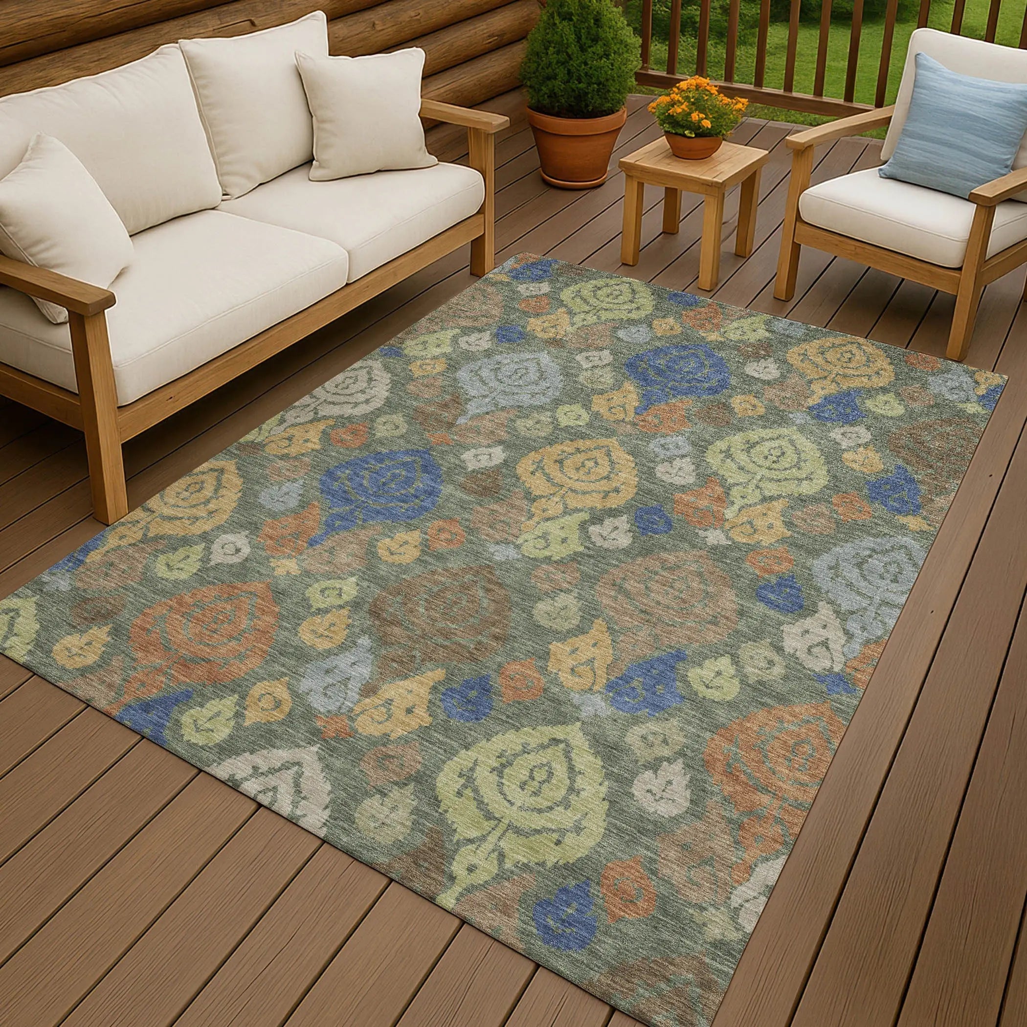 9' X 12' Green And Gold Damask Washable Indoor Outdoor Area Rug Homeroots Outdoor