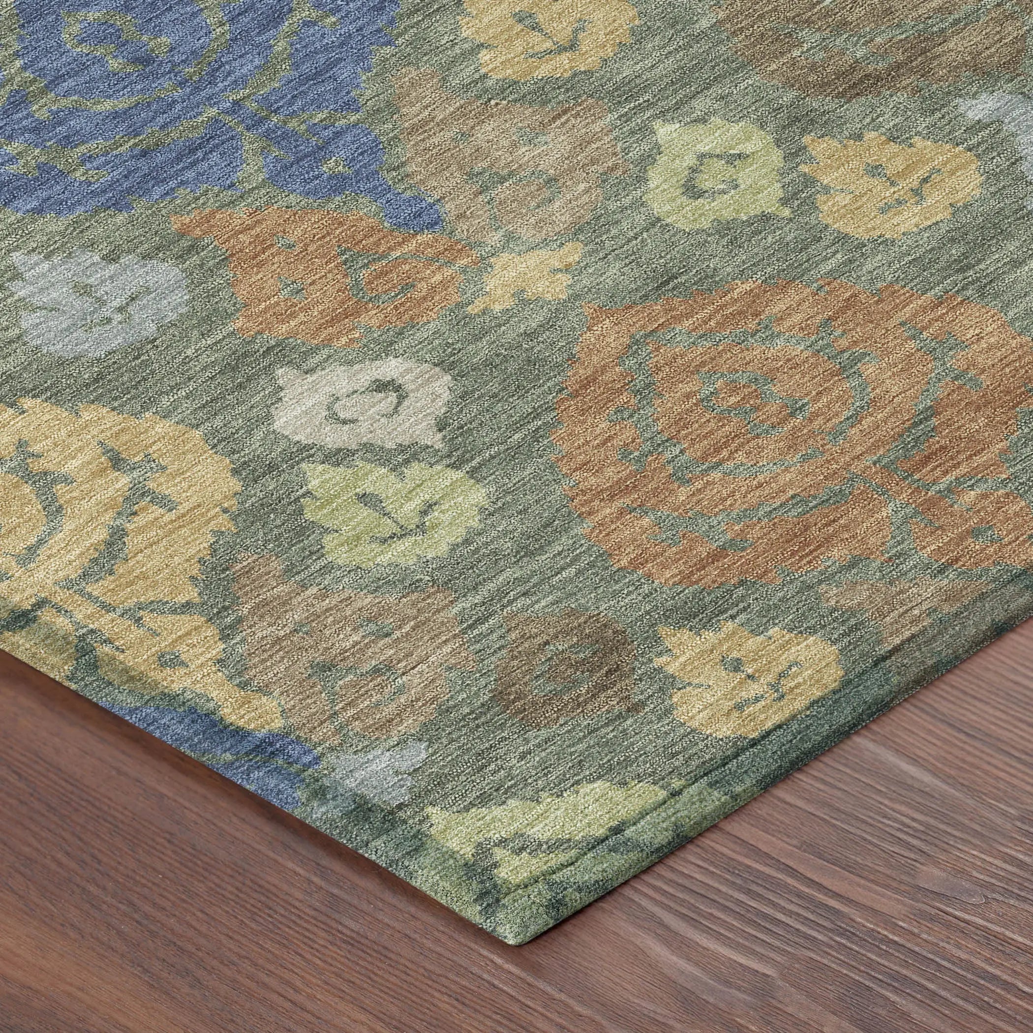 9' X 12' Green And Gold Damask Washable Indoor Outdoor Area Rug Homeroots Outdoor