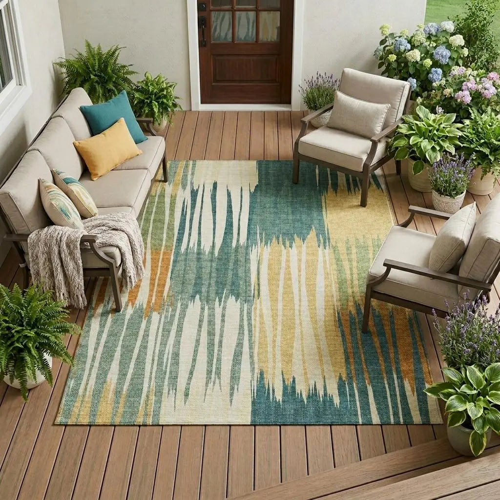 9' X 12' Green And Gold Striped Washable Indoor Outdoor Area Rug Homeroots Outdoor