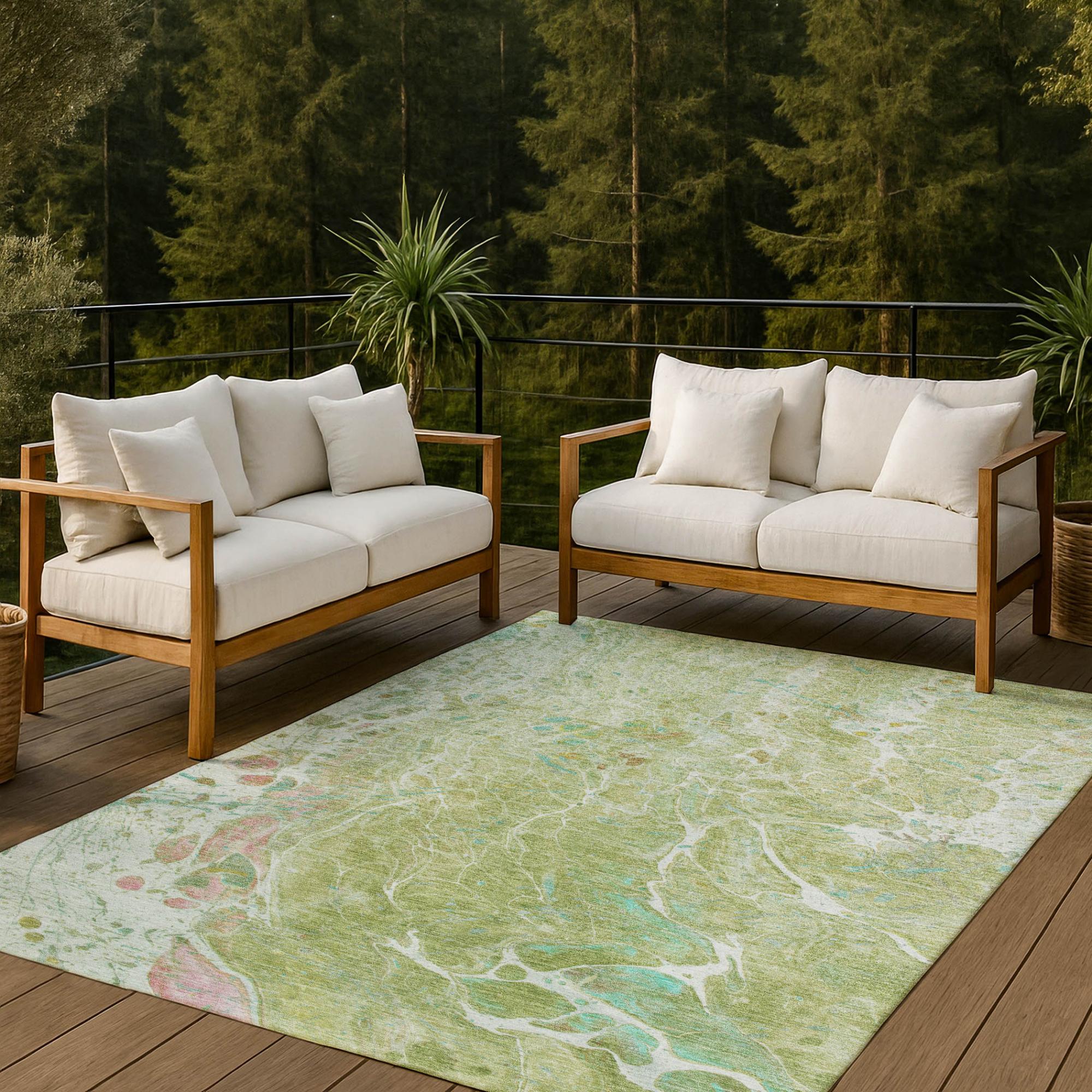 9' X 12' Green And Ivory Abstract Washable Indoor Outdoor Area Rug Homeroots Outdoor