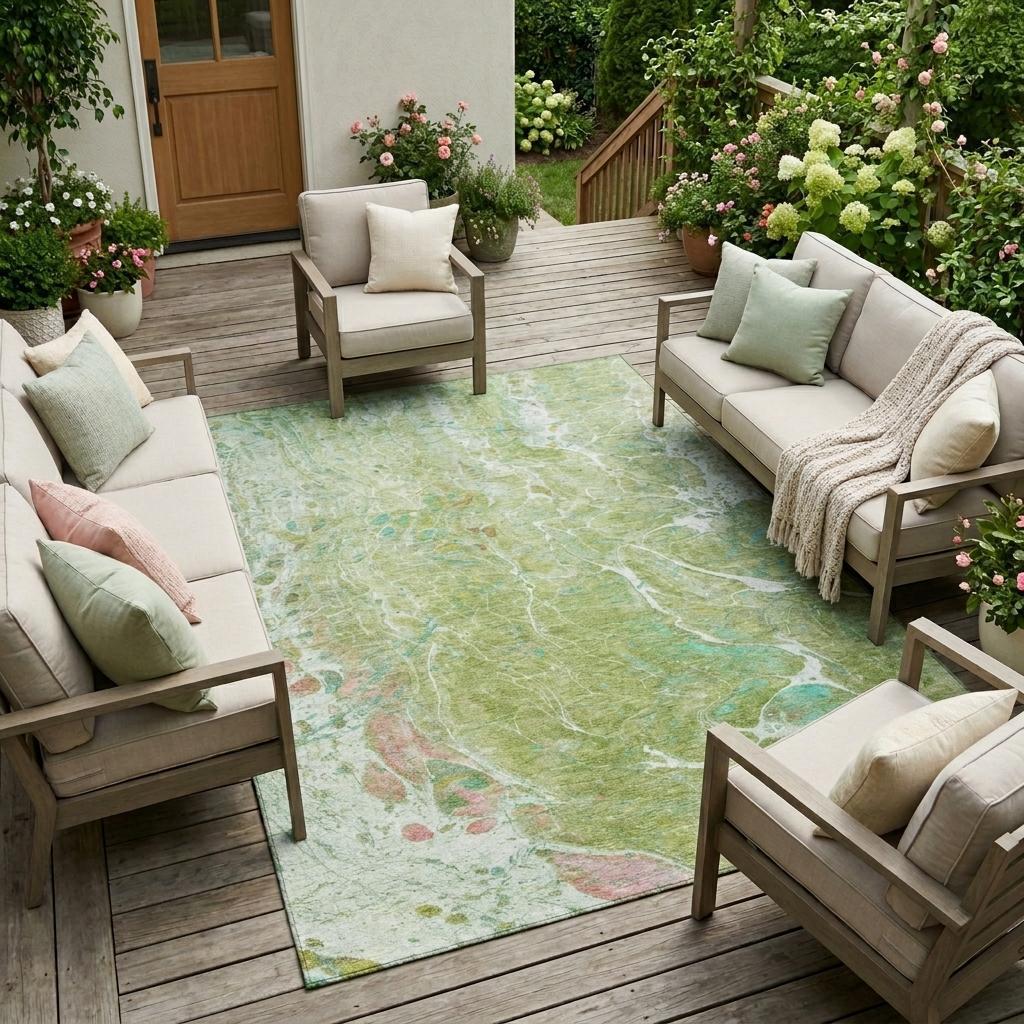 9' X 12' Green And Ivory Abstract Washable Indoor Outdoor Area Rug Homeroots Outdoor