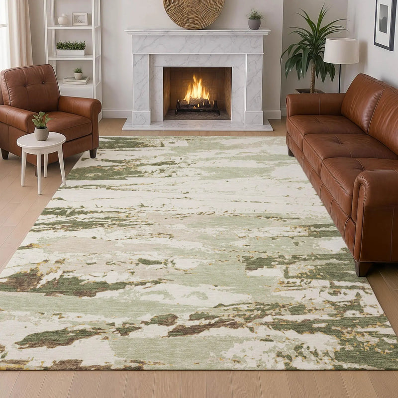 9' X 12' Green And Ivory Abstract Washable Indoor Outdoor Area Rug Homeroots Outdoor