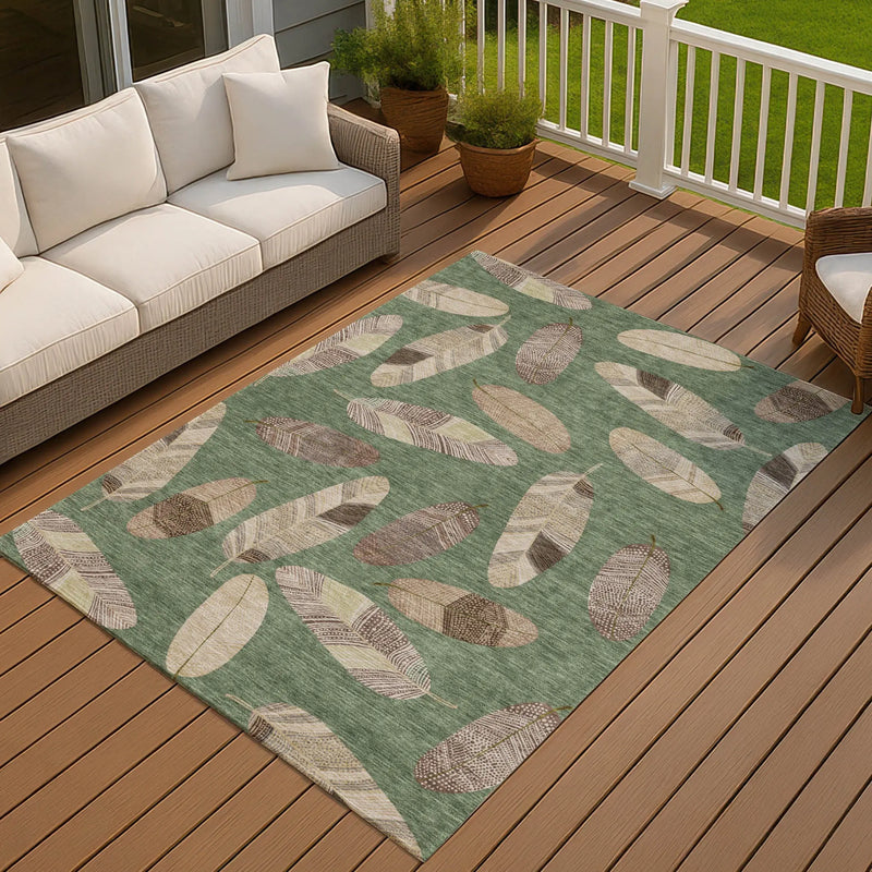 9' X 12' Green And Ivory Botanical Leaves Washable Indoor Outdoor Area Rug Homeroots Outdoor