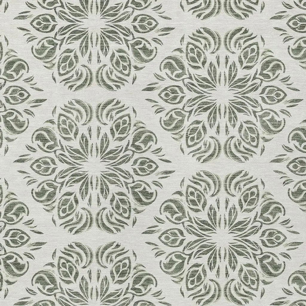 9' X 12' Green And Ivory Damask Washable Indoor Outdoor Area Rug Homeroots Outdoor
