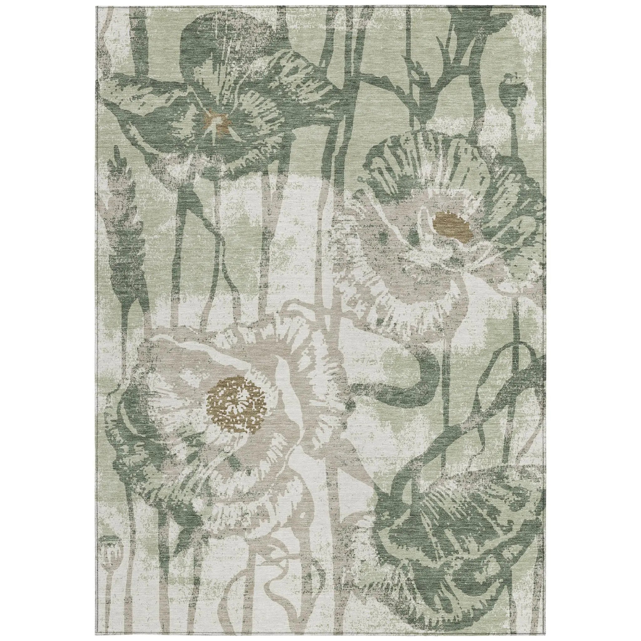 9' X 12' Green And Ivory Floral Washable Indoor Outdoor Area Rug Homeroots Outdoor