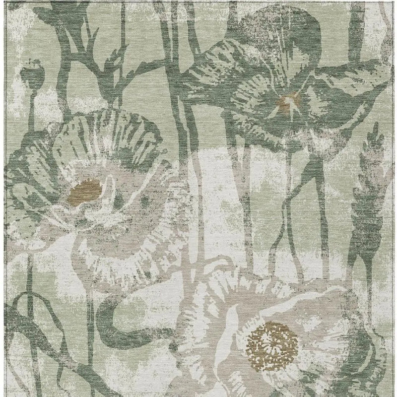 9' X 12' Green And Ivory Floral Washable Indoor Outdoor Area Rug Homeroots Outdoor