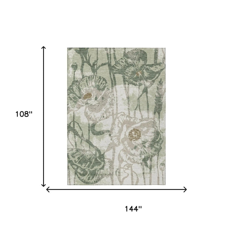 9' X 12' Green And Ivory Floral Washable Indoor Outdoor Area Rug Homeroots Outdoor