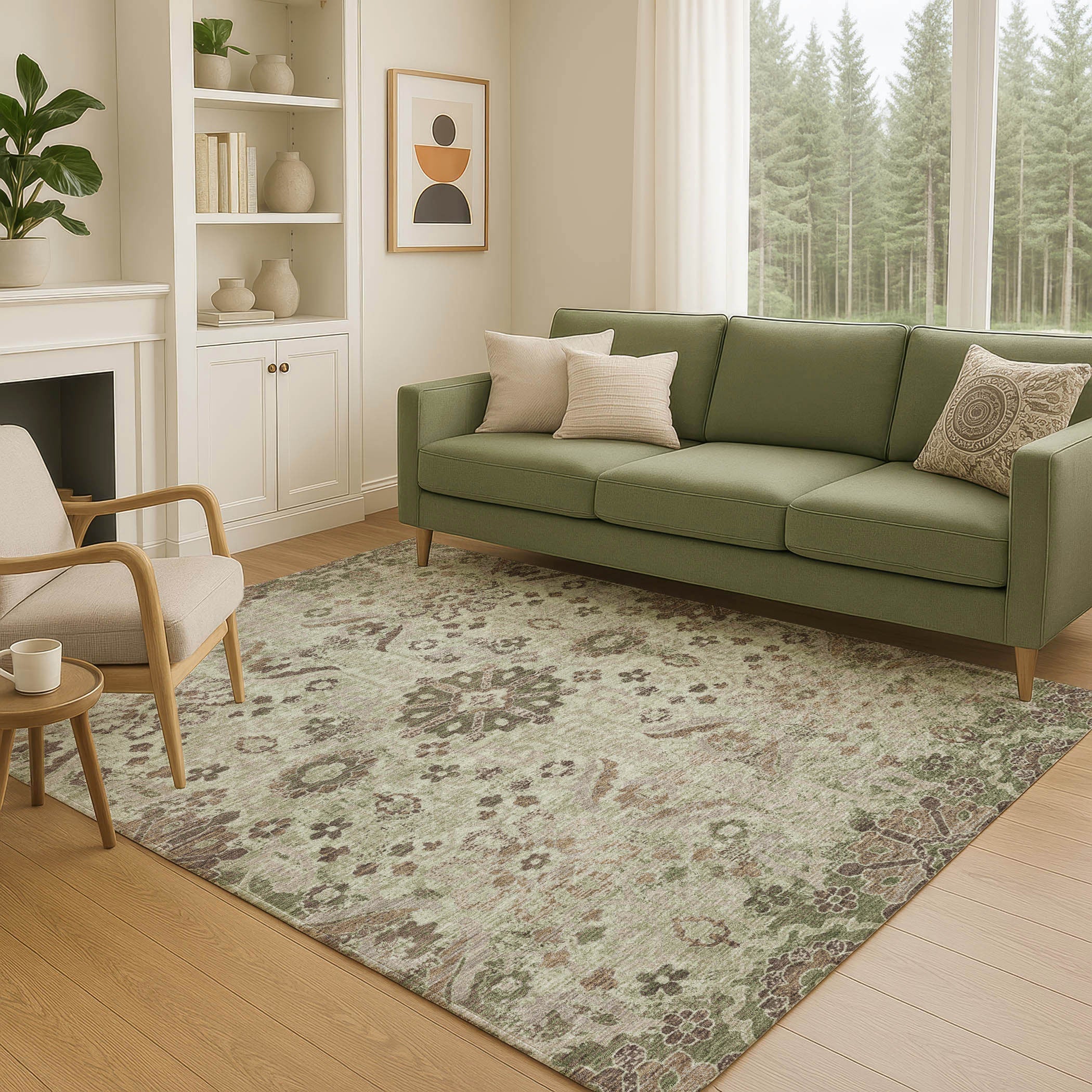 9' X 12' Green And Khaki Damask Washable Indoor Outdoor Area Rug Homeroots Outdoor