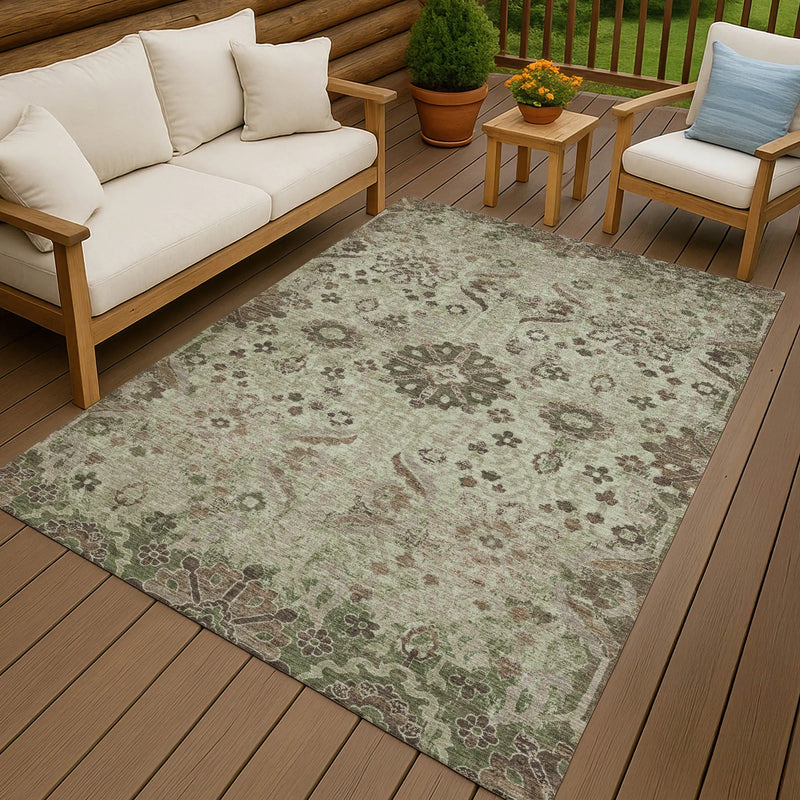 9' X 12' Green And Khaki Damask Washable Indoor Outdoor Area Rug Homeroots Outdoor