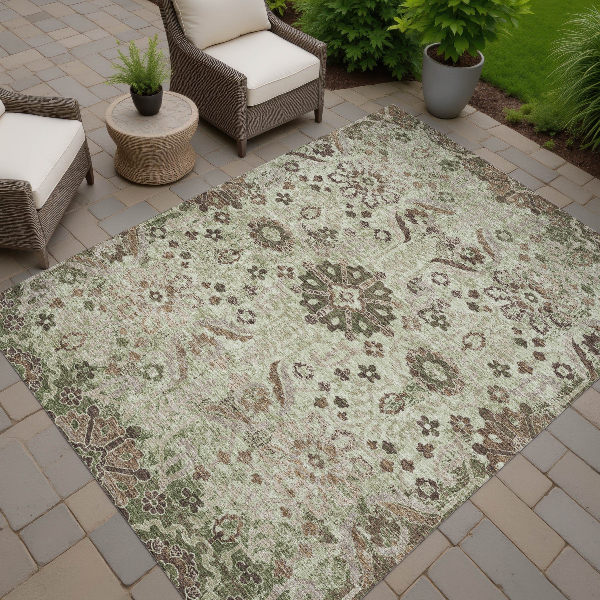 9' X 12' Green And Khaki Damask Washable Indoor Outdoor Area Rug Homeroots Outdoor