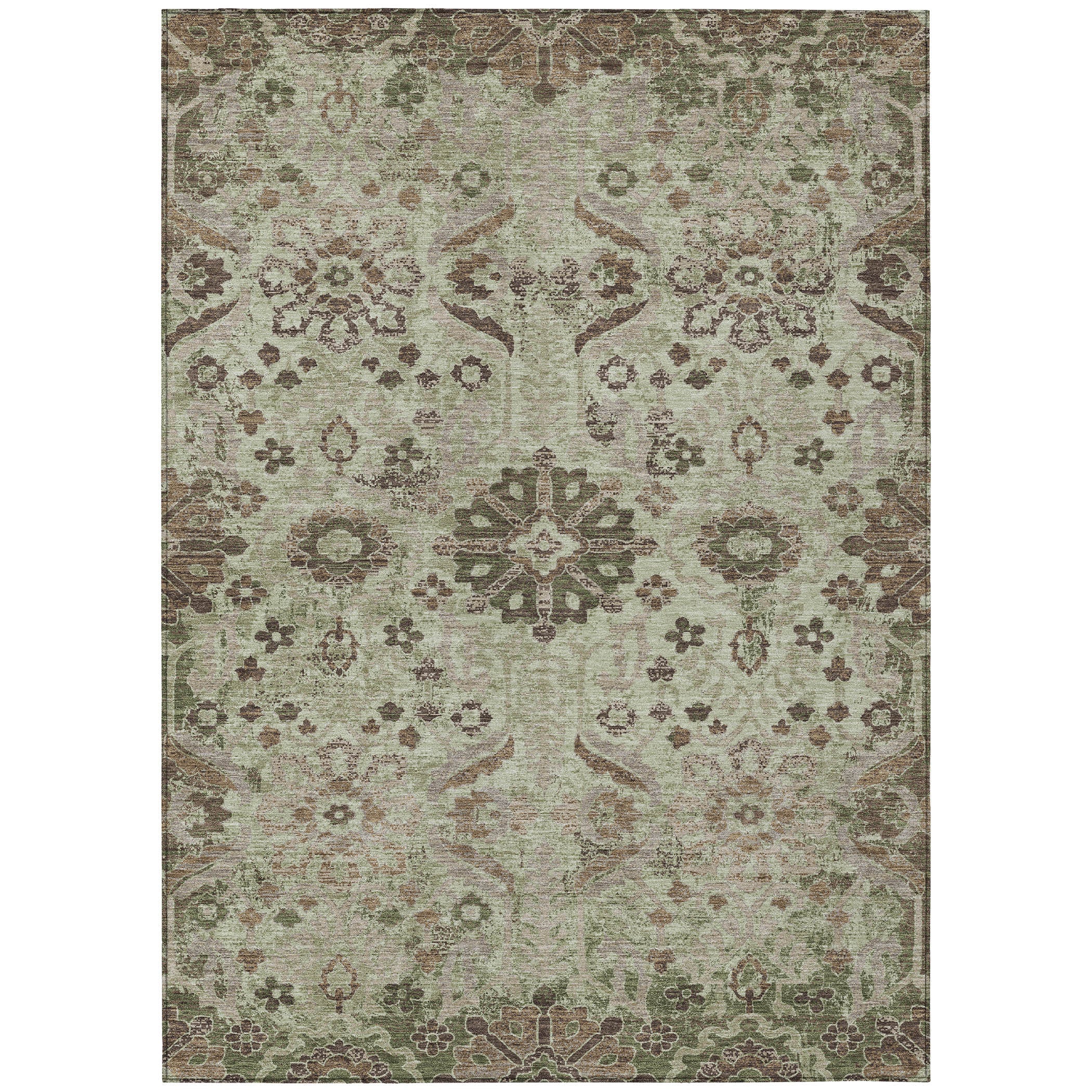 9' X 12' Green And Khaki Damask Washable Indoor Outdoor Area Rug Homeroots Outdoor