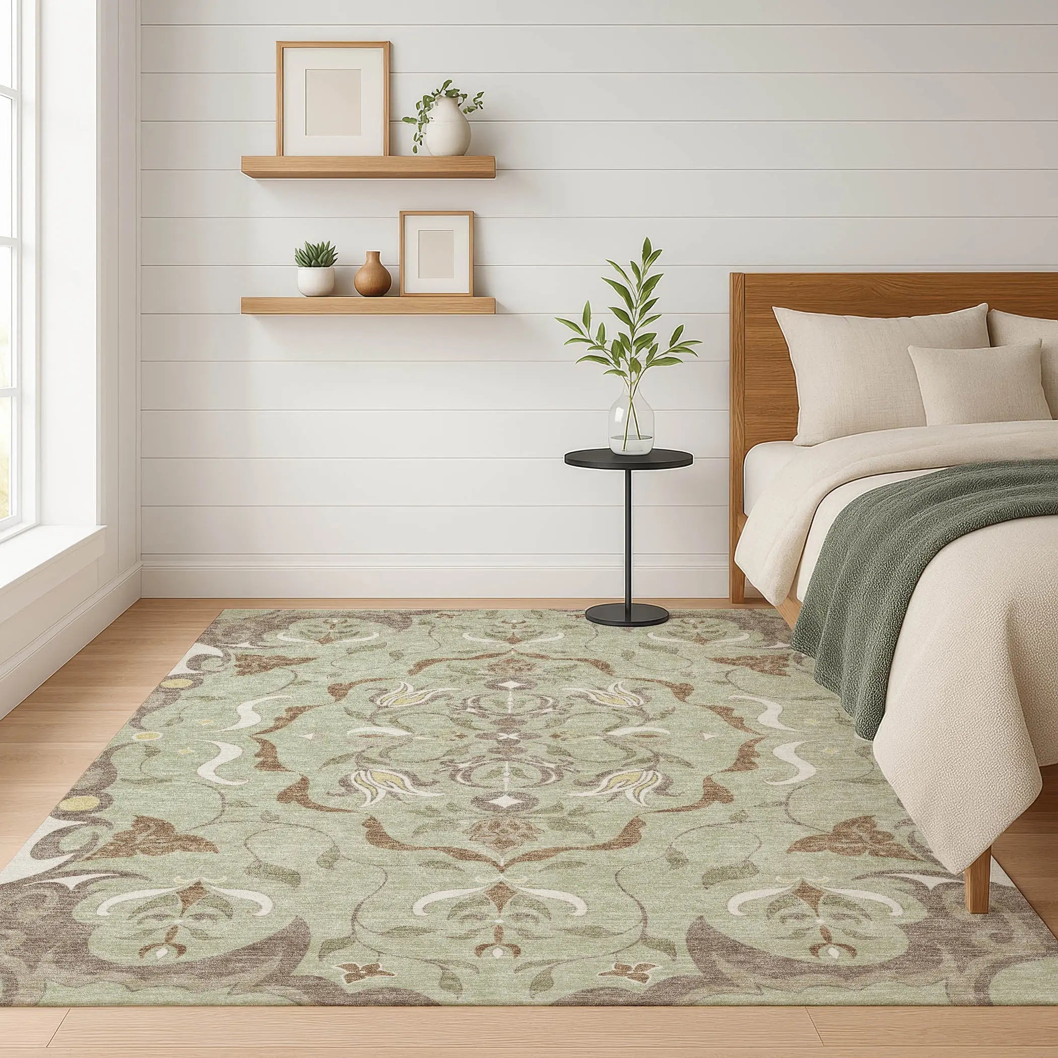 9' X 12' Green And Khaki Damask Washable Indoor Outdoor Area Rug Homeroots Outdoor