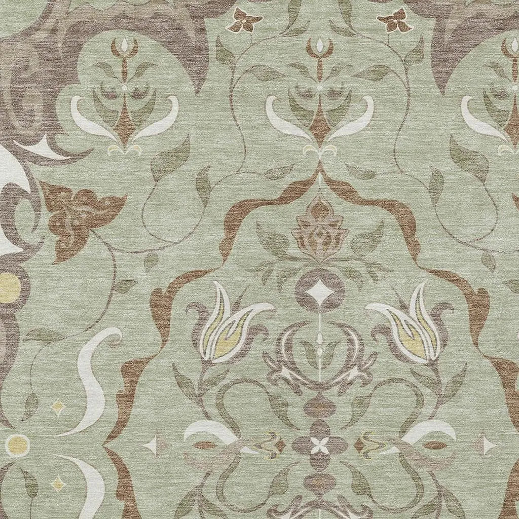 9' X 12' Green And Khaki Damask Washable Indoor Outdoor Area Rug Homeroots Outdoor