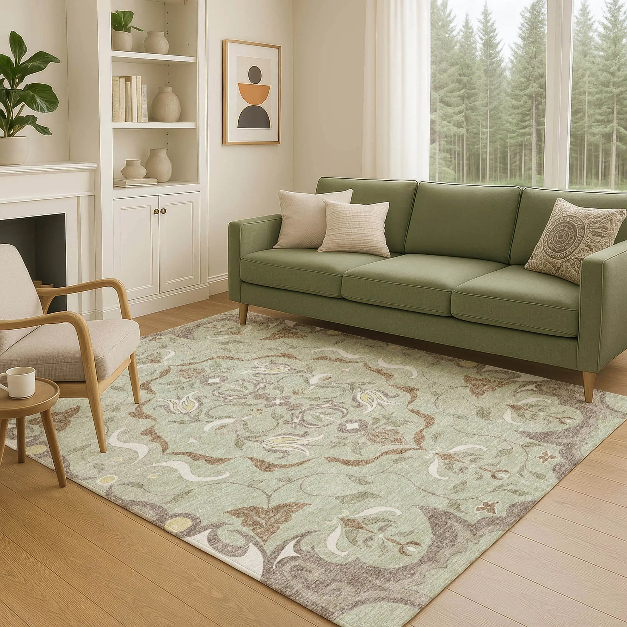 9' X 12' Green And Khaki Damask Washable Indoor Outdoor Area Rug Homeroots Outdoor