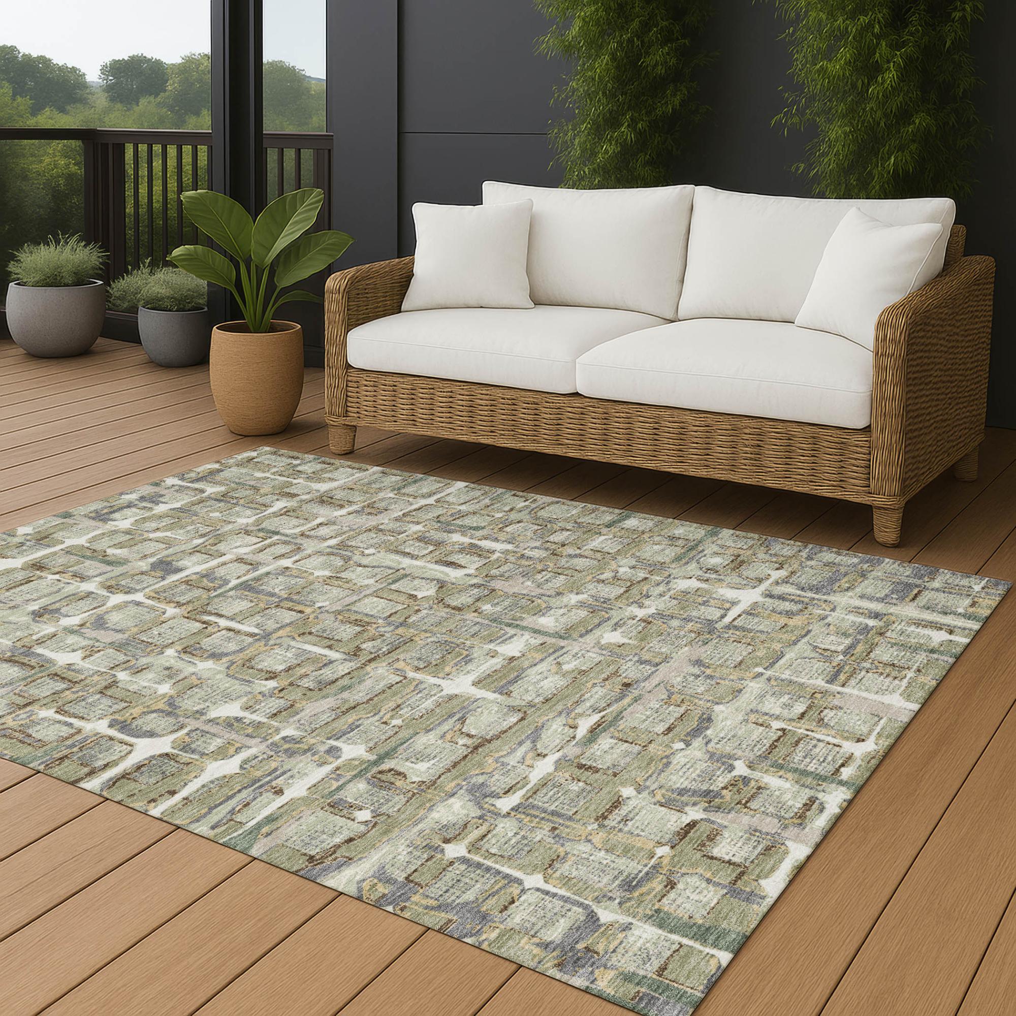 9' X 12' Green And Khaki Geometric Washable Indoor Outdoor Area Rug Homeroots Outdoor