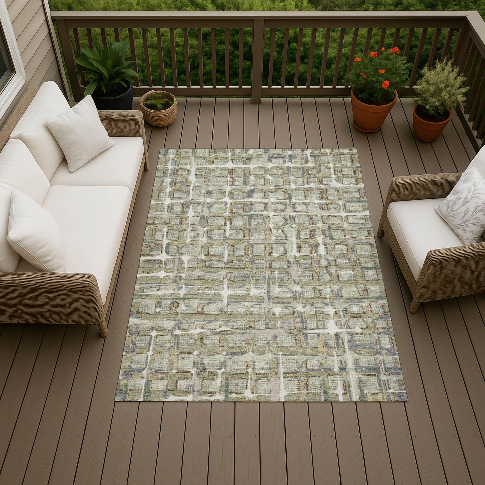 9' X 12' Green And Khaki Geometric Washable Indoor Outdoor Area Rug Homeroots Outdoor