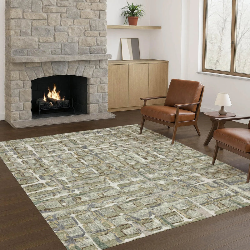 9' X 12' Green And Khaki Geometric Washable Indoor Outdoor Area Rug Homeroots Outdoor