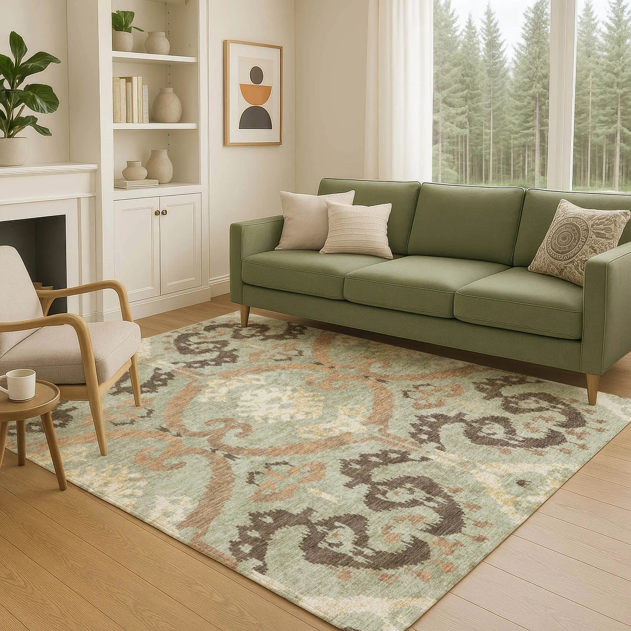 9' X 12' Green And Khaki Ikat Washable Indoor Outdoor Area Rug Homeroots Outdoor