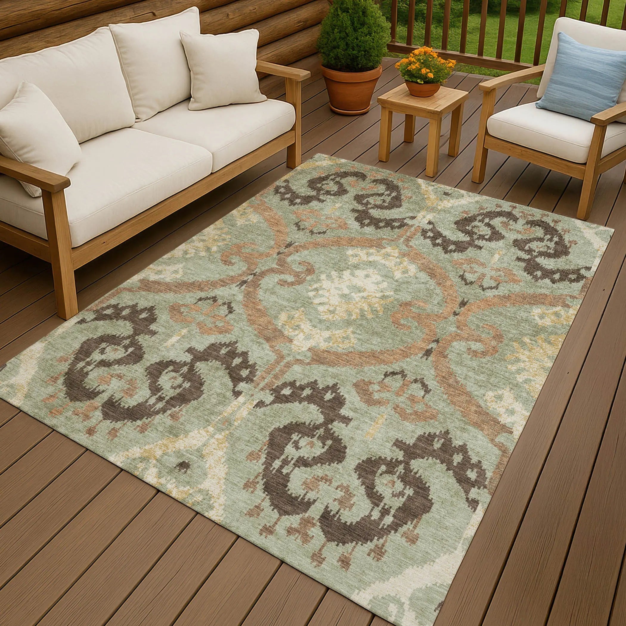9' X 12' Green And Khaki Ikat Washable Indoor Outdoor Area Rug Homeroots Outdoor