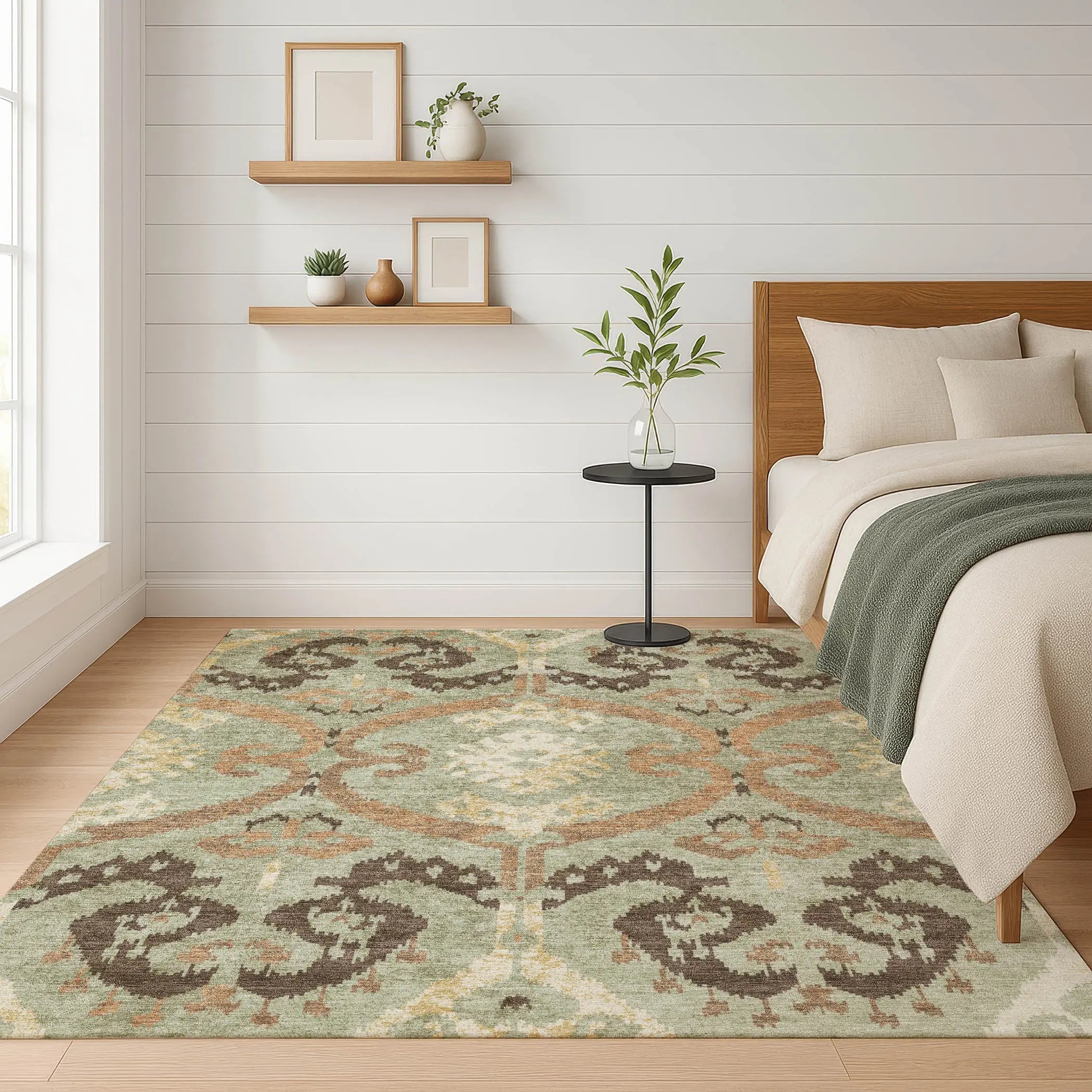 9' X 12' Green And Khaki Ikat Washable Indoor Outdoor Area Rug Homeroots Outdoor