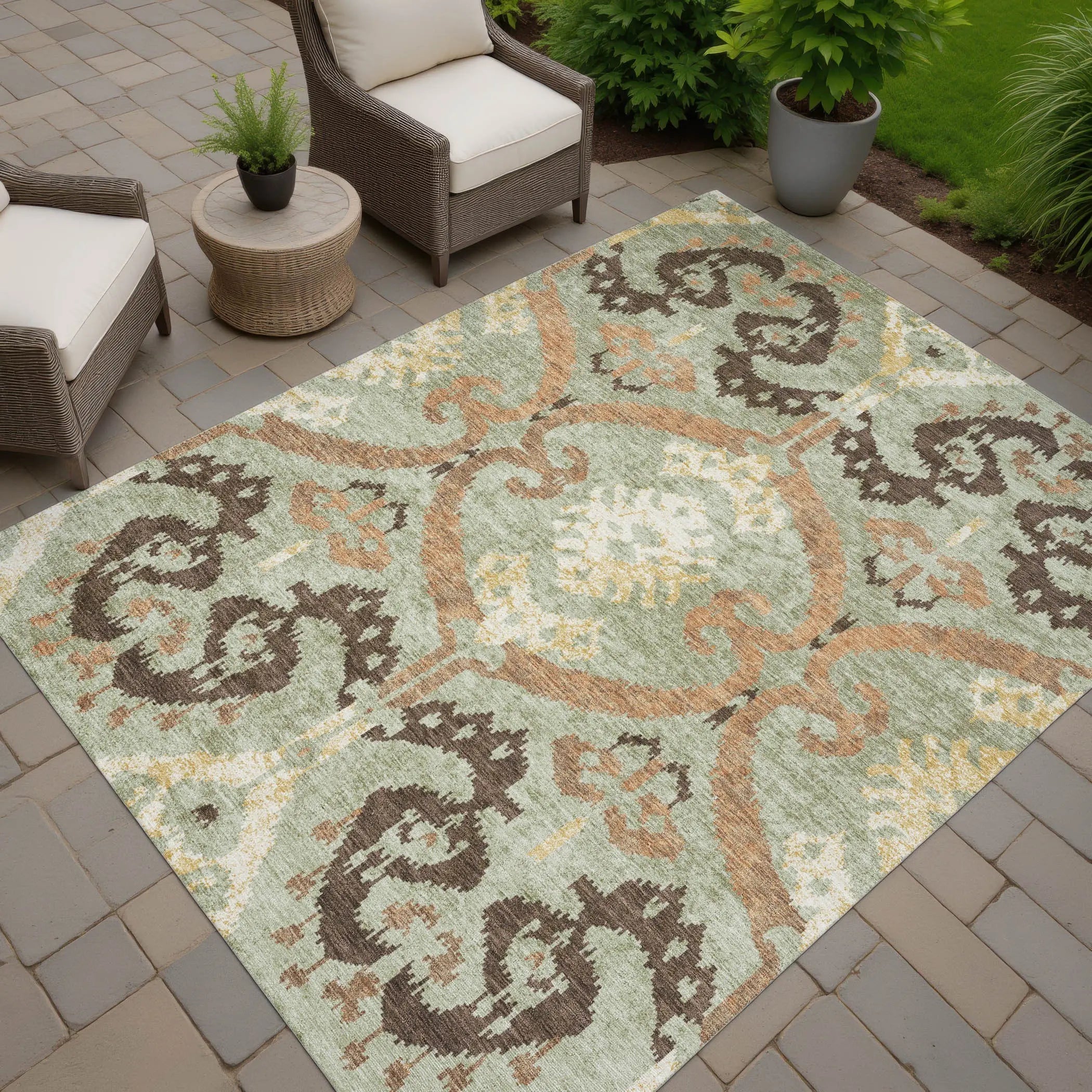 9' X 12' Green And Khaki Ikat Washable Indoor Outdoor Area Rug Homeroots Outdoor