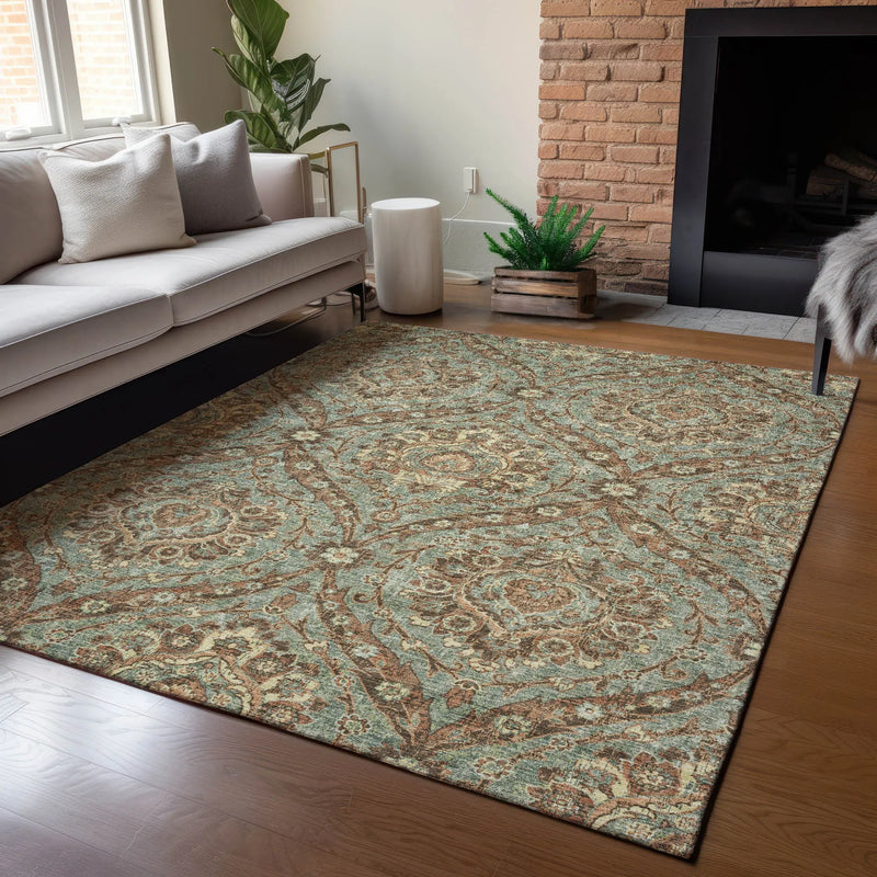 9' X 12' Green And Linen Floral Washable Indoor Outdoor Area Rug Homeroots Outdoor
