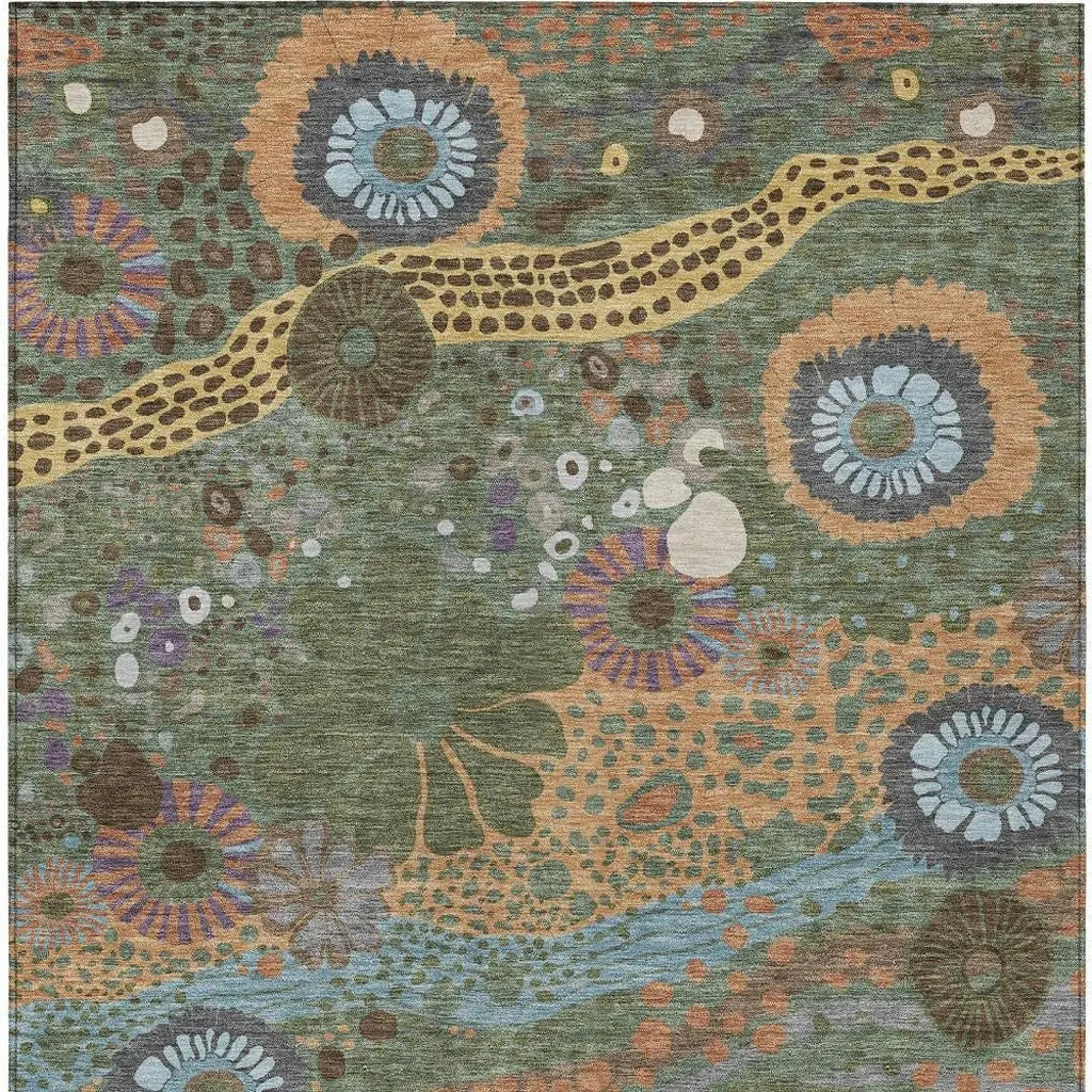 9' X 12' Green And Olive Green Floral Washable Indoor Outdoor Area Rug Homeroots Outdoor