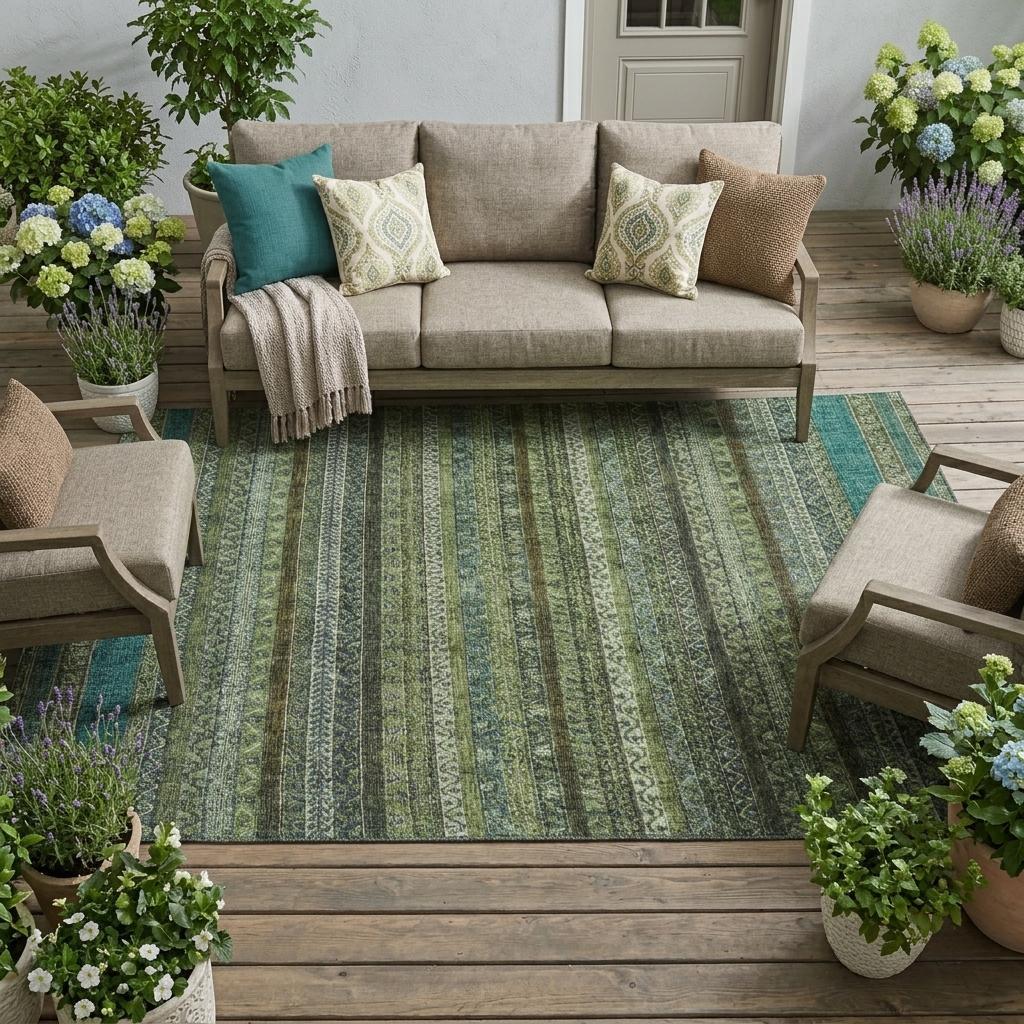 9' X 12' Green And Olive Green Striped Washable Indoor Outdoor Area Rug Homeroots Outdoor