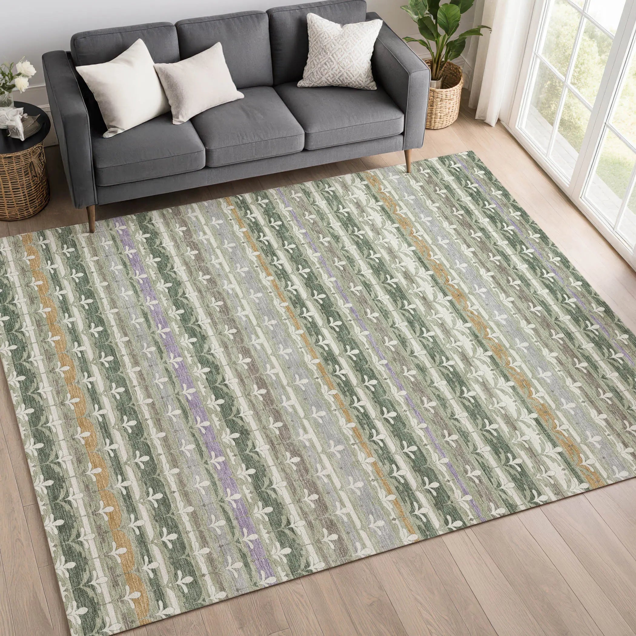 9' X 12' Green And Silver Damask Washable Indoor Outdoor Area Rug Homeroots Outdoor