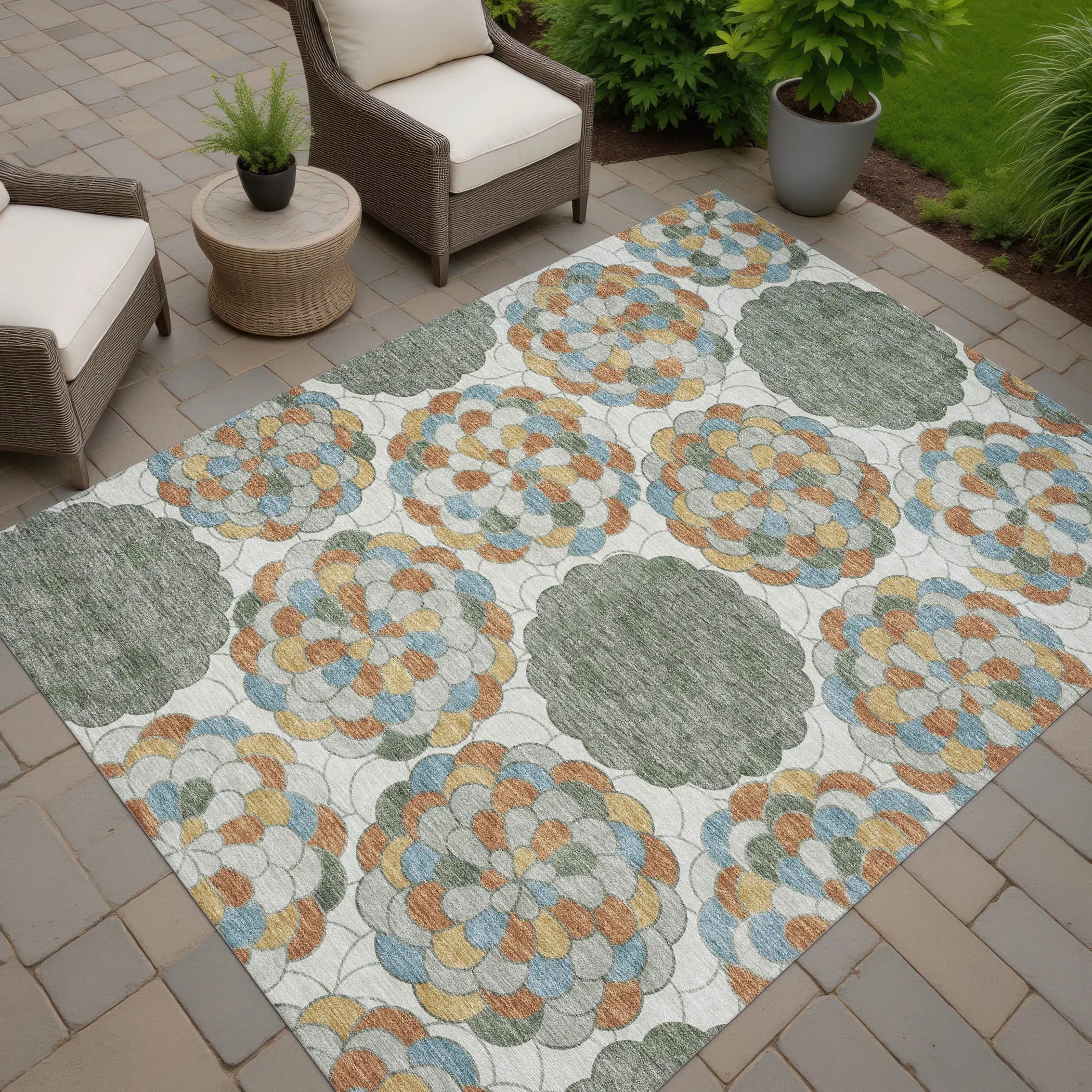 9' X 12' Green And Silver Floral Washable Indoor Outdoor Area Rug Homeroots Outdoor