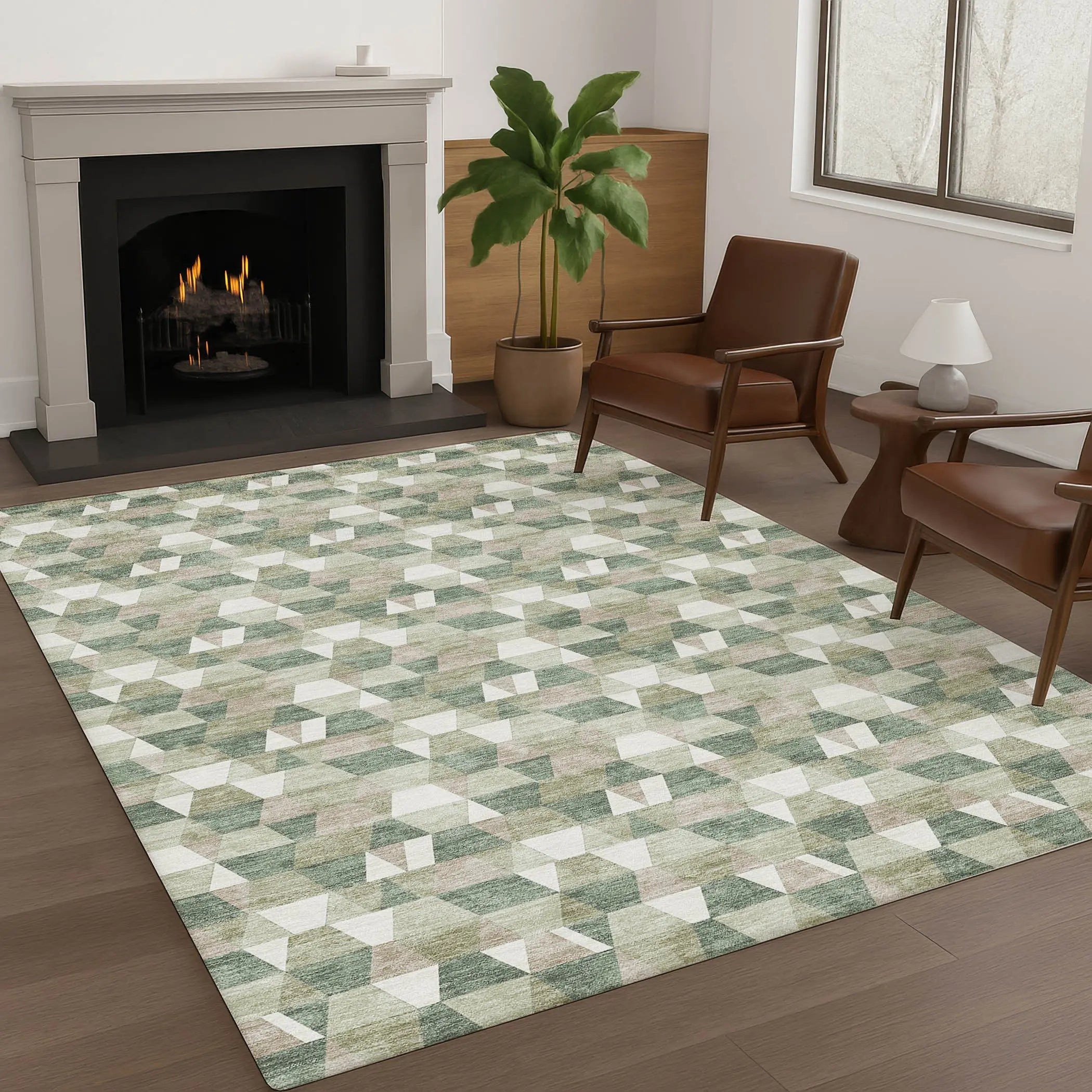 9' X 12' Green And Silver Geometric Washable Indoor Outdoor Area Rug Homeroots Outdoor