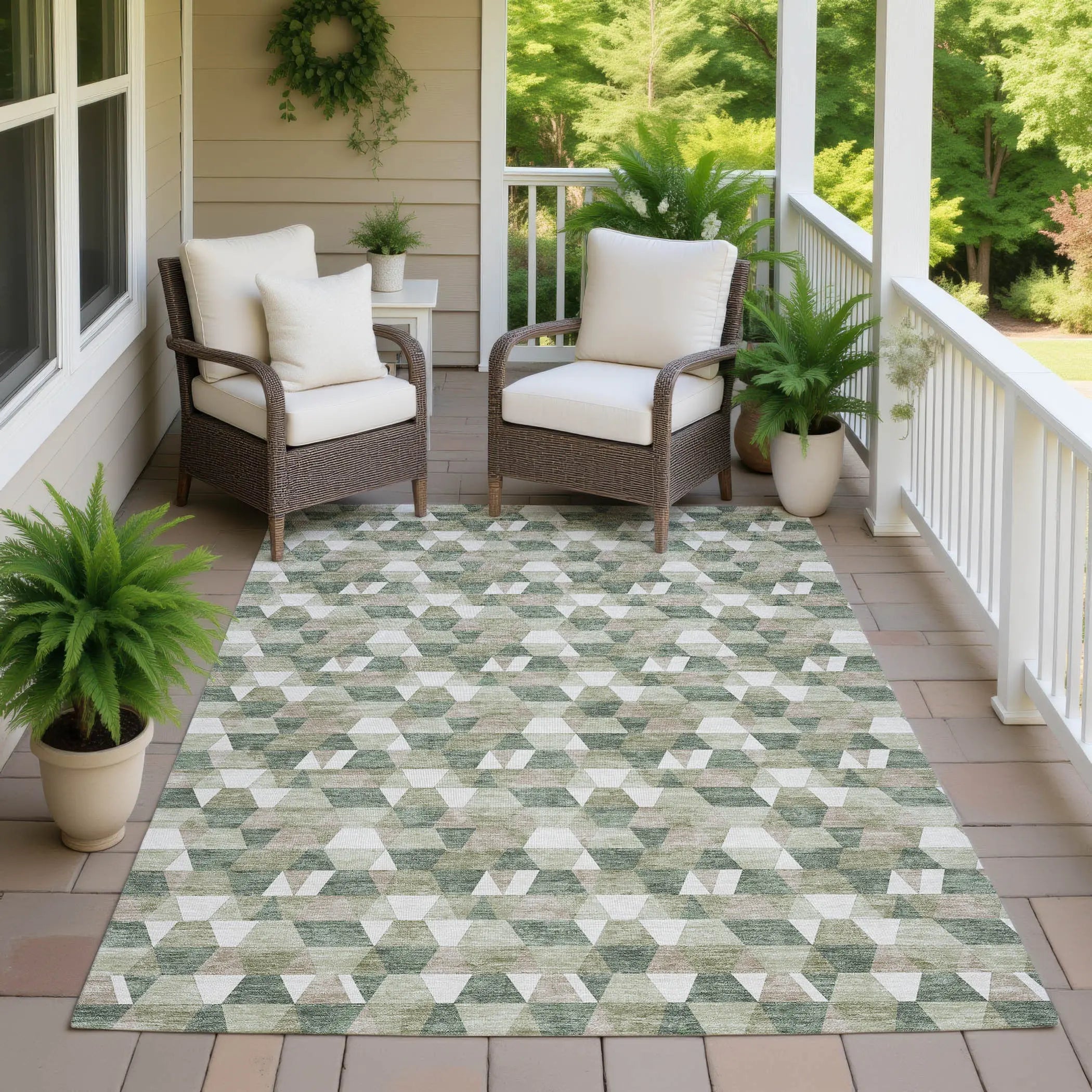 9' X 12' Green And Silver Geometric Washable Indoor Outdoor Area Rug Homeroots Outdoor