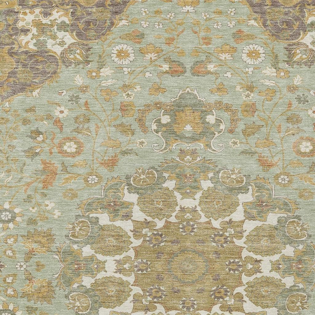 9' X 12' Green And Taupe Damask Washable Indoor Outdoor Area Rug Homeroots Outdoor