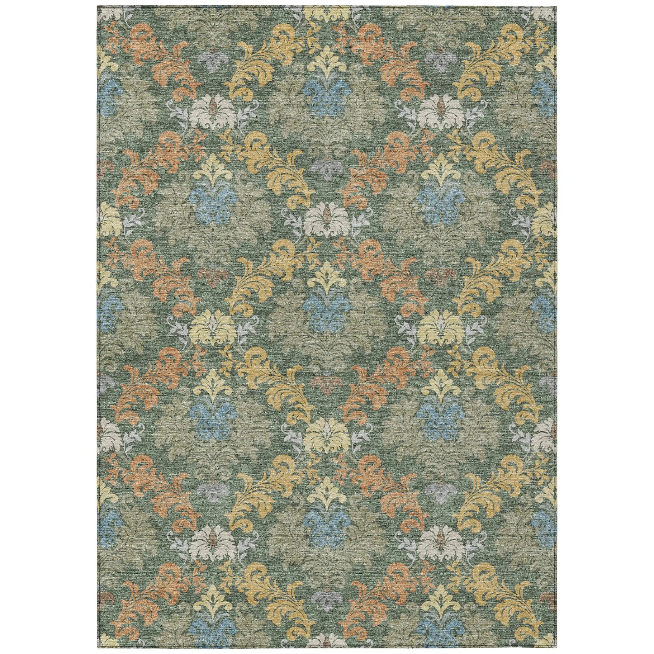 9' X 12' Green And Teal Blue Damask Washable Indoor Outdoor Area Rug Homeroots Outdoor