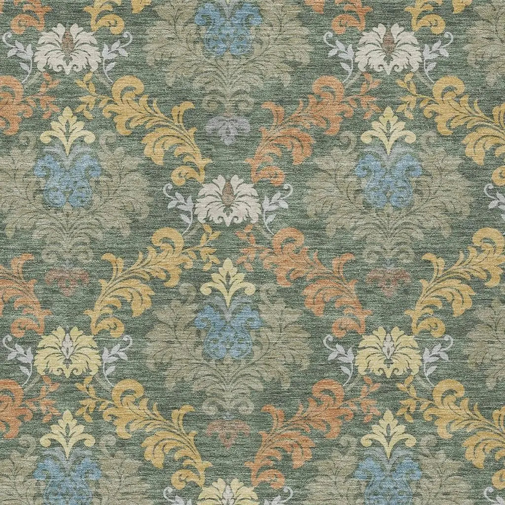 9' X 12' Green And Teal Blue Damask Washable Indoor Outdoor Area Rug Homeroots Outdoor