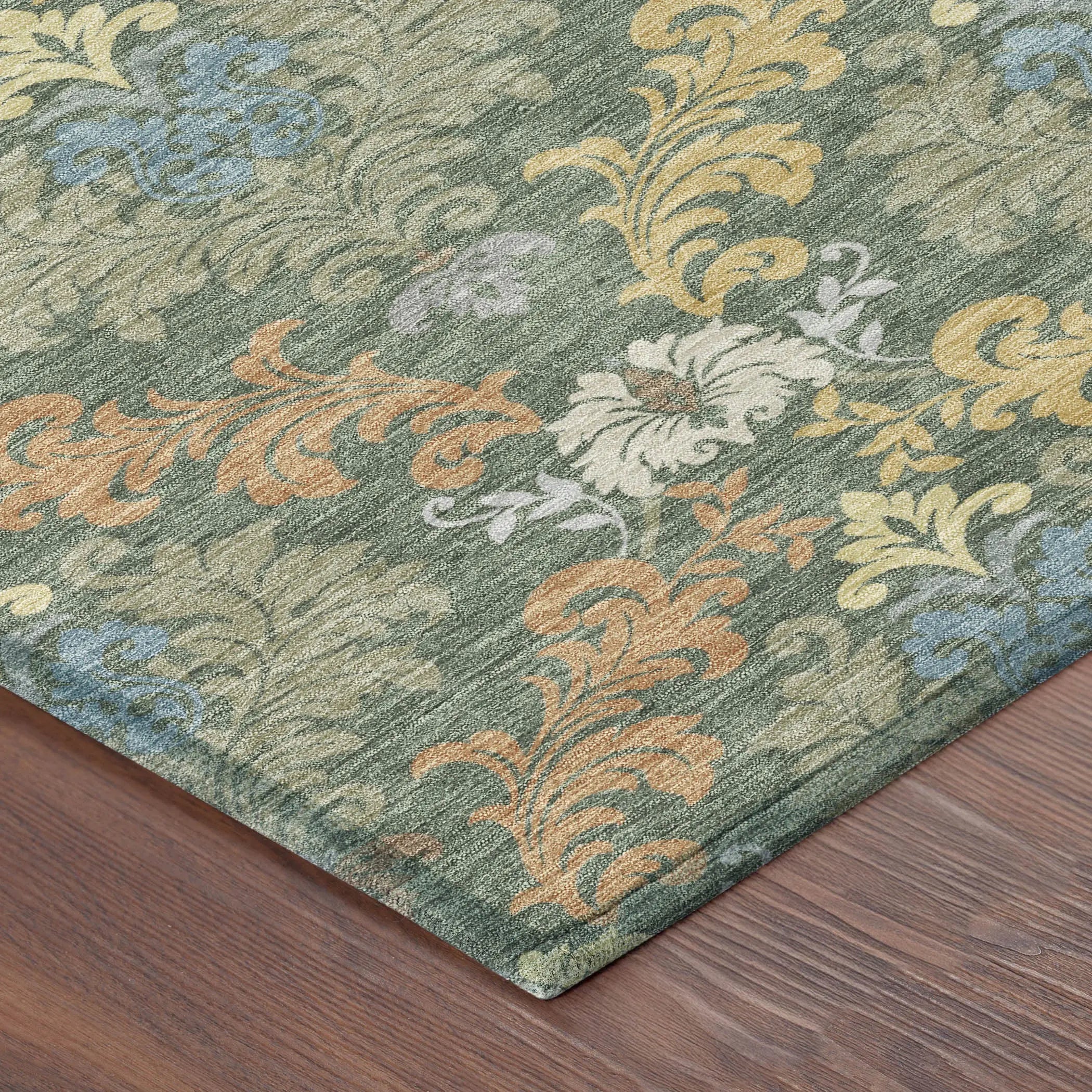 9' X 12' Green And Teal Blue Damask Washable Indoor Outdoor Area Rug Homeroots Outdoor