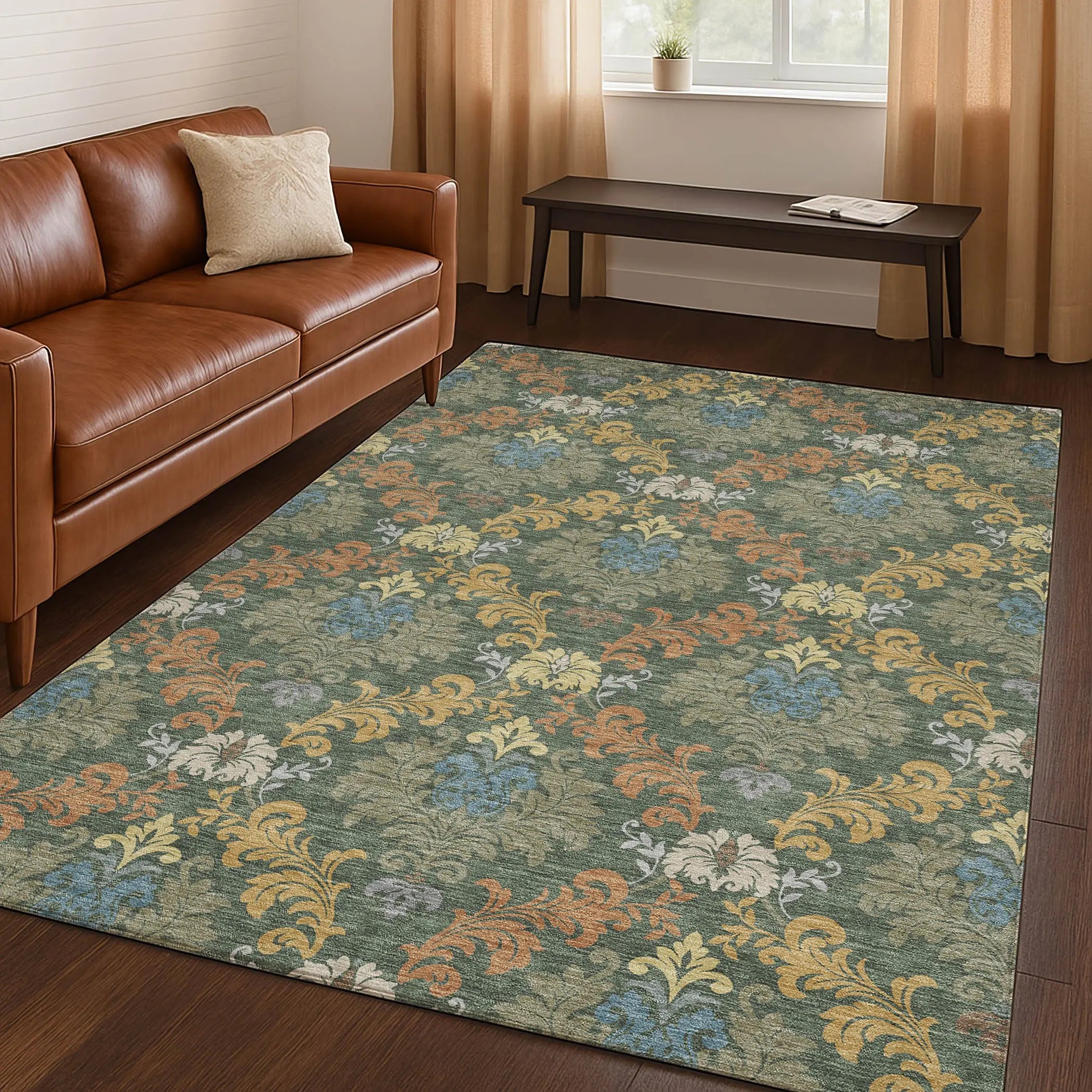 9' X 12' Green And Teal Blue Damask Washable Indoor Outdoor Area Rug Homeroots Outdoor