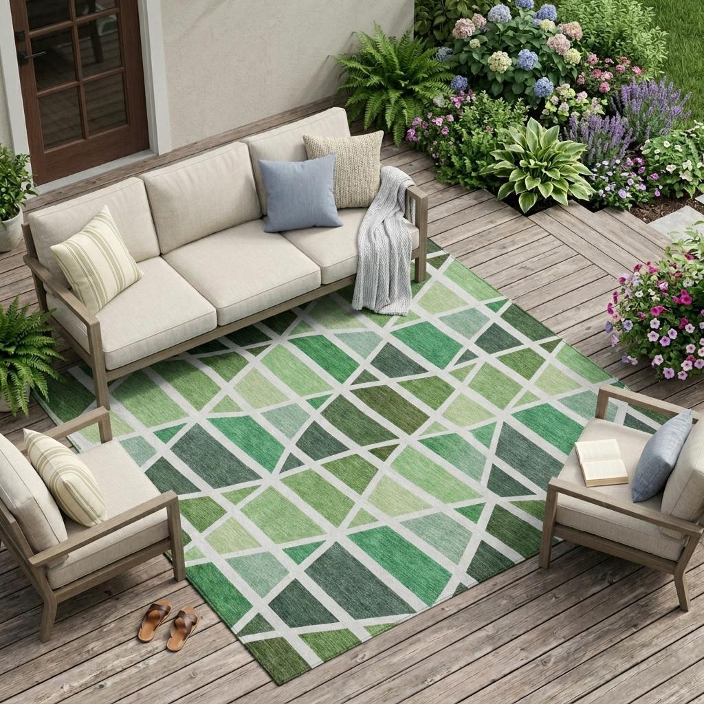 9' X 12' Green And White Geometric Washable Indoor Outdoor Area Rug Homeroots Outdoor