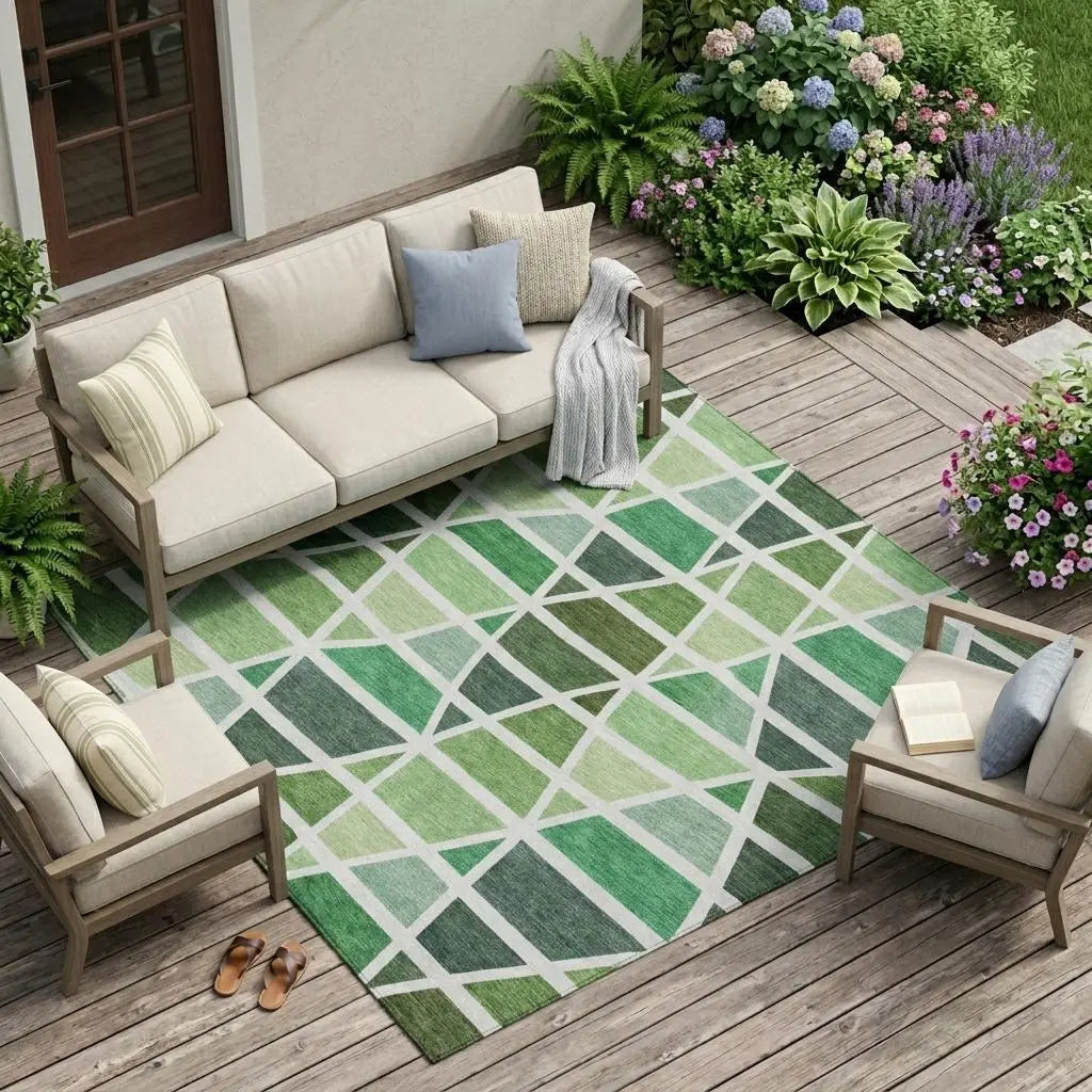 9' X 12' Green And White Geometric Washable Indoor Outdoor Area Rug Homeroots Outdoor