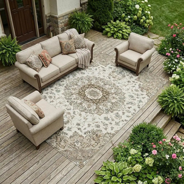 9' X 12' Ivory And Beige Floral Medallion Washable Indoor Outdoor Area Rug Homeroots Outdoor