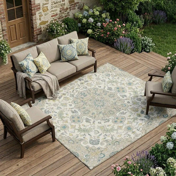 9' X 12' Ivory And Beige Floral Medallion Washable Indoor Outdoor Area Rug Homeroots Outdoor