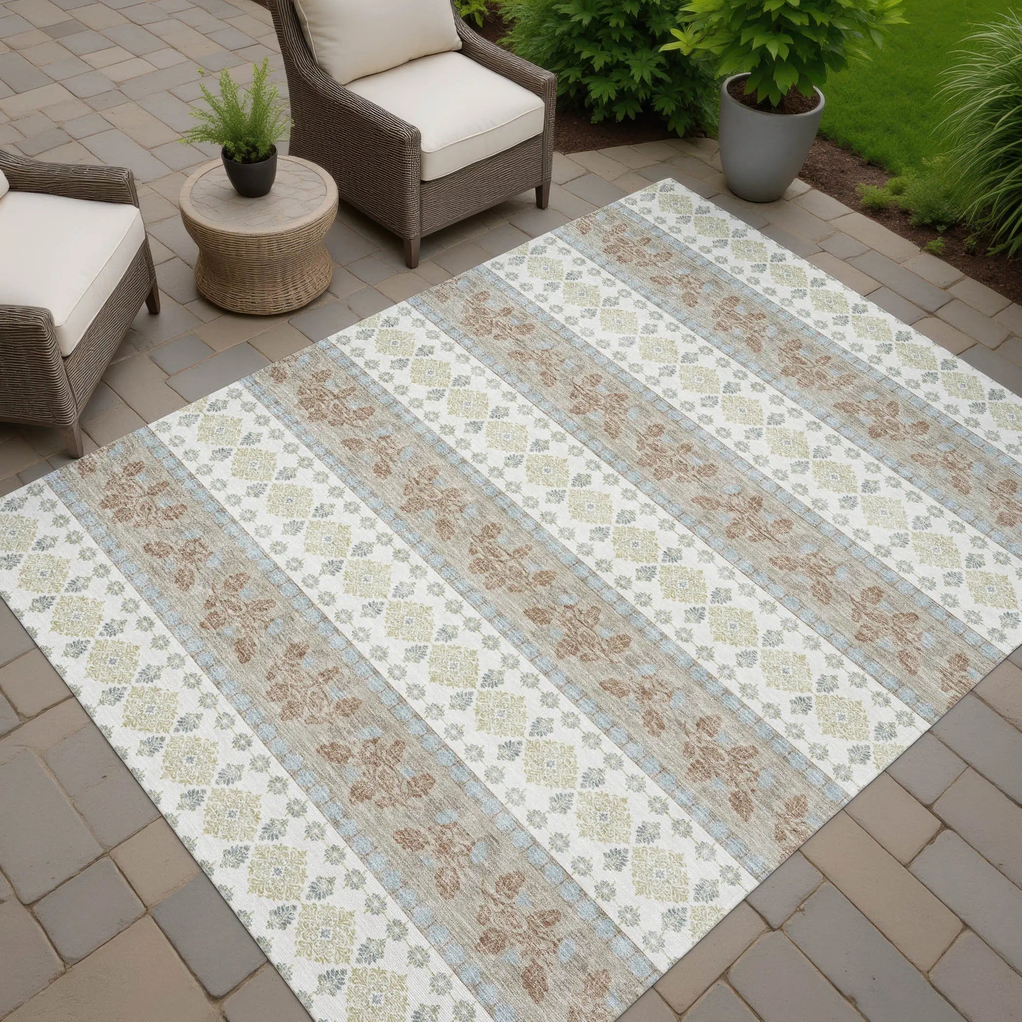 9' X 12' Ivory And Beige Striped Washable Indoor Outdoor Area Rug Homeroots Outdoor