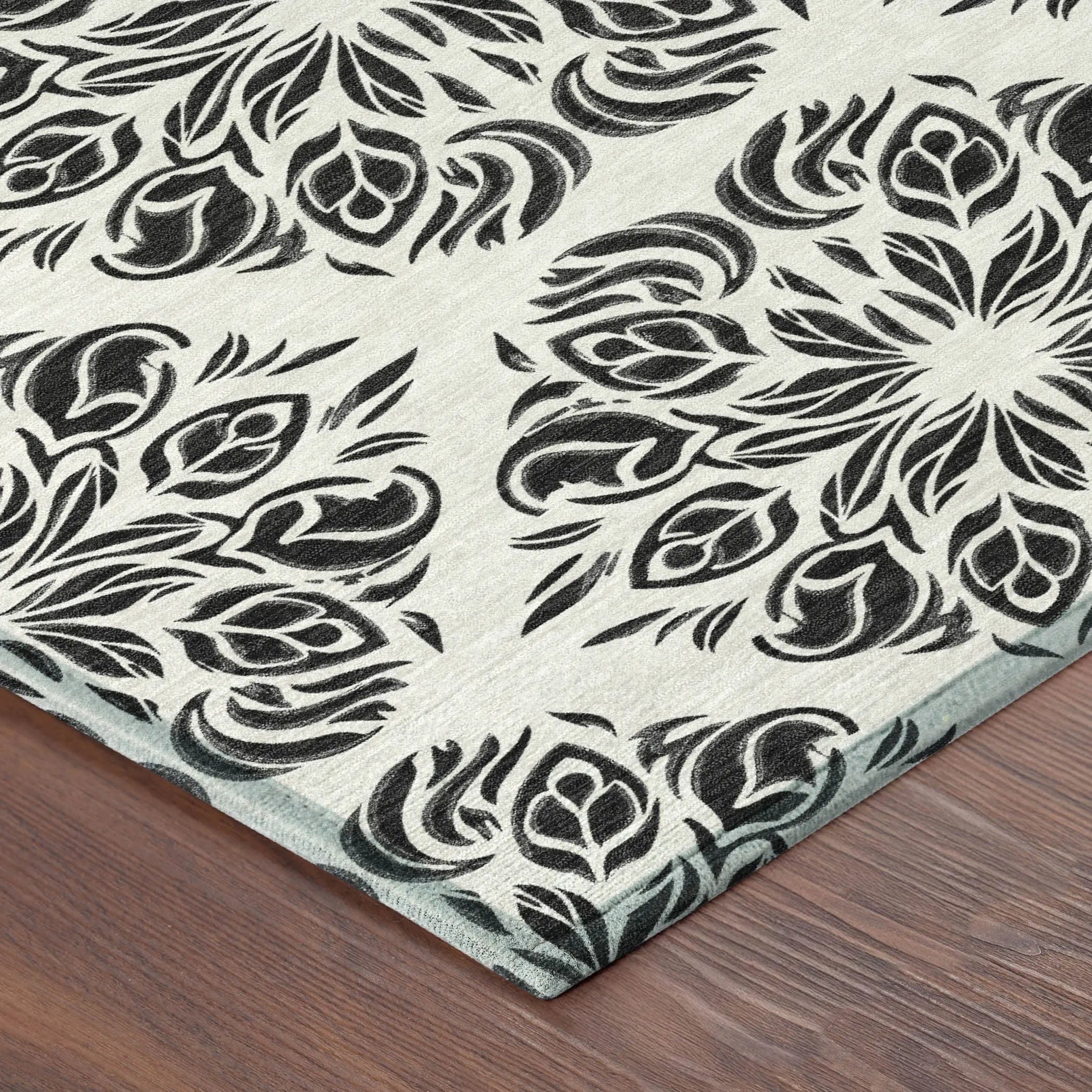 9' X 12' Ivory And Black Damask Washable Indoor Outdoor Area Rug Homeroots Outdoor