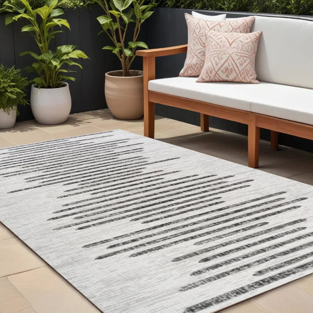 9' X 12' Ivory And Black Striped Indoor Outdoor Area Rug Homeroots Outdoor