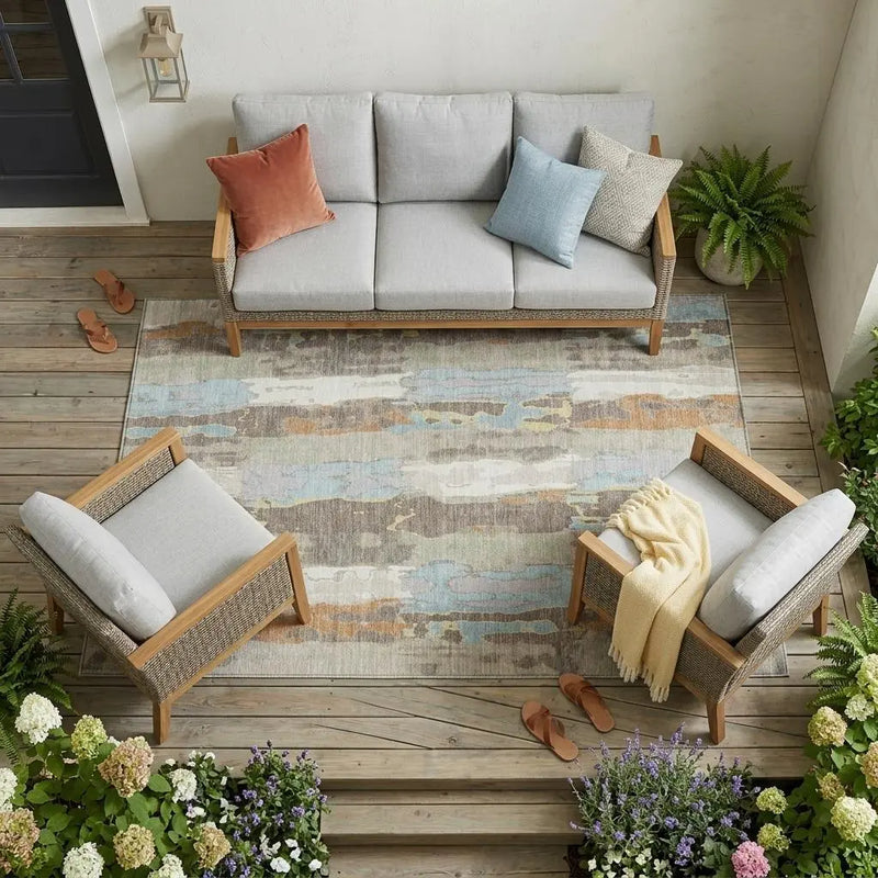 9' X 12' Ivory And Blue Abstract Washable Indoor Outdoor Area Rug Homeroots Outdoor