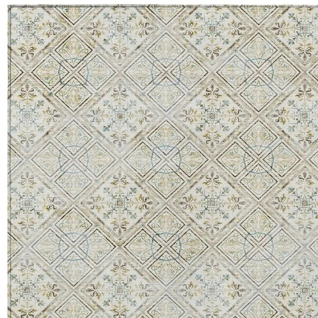 9' X 12' Ivory And Blue Geometric Washable Indoor Outdoor Area Rug Homeroots Outdoor