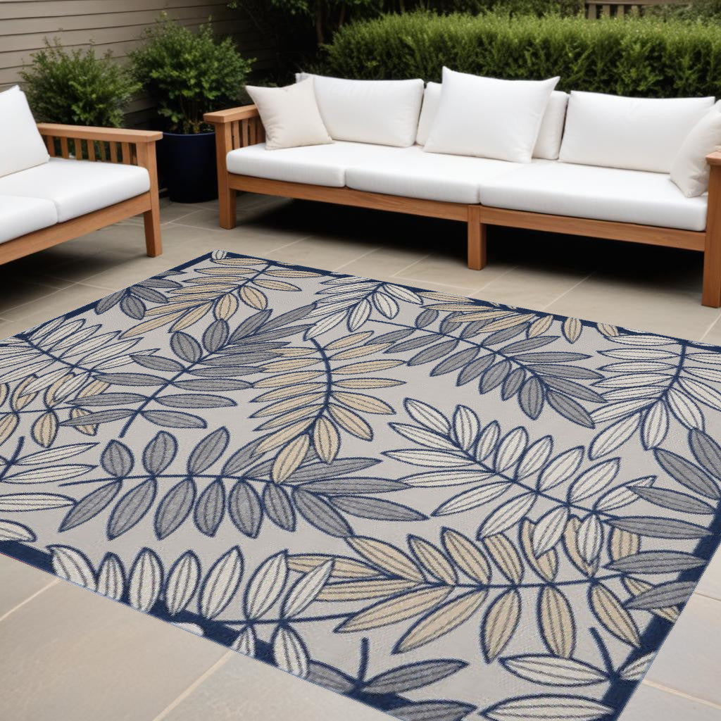 9' X 12' Ivory And Blue Indoor Outdoor Area Rug - GreatEagleInc
