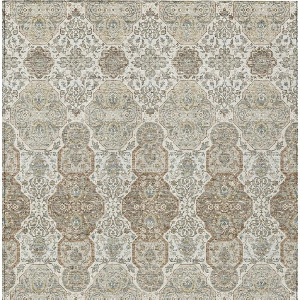 9' X 12' Ivory And Brown Floral Washable Indoor Outdoor Area Rug Homeroots Outdoor