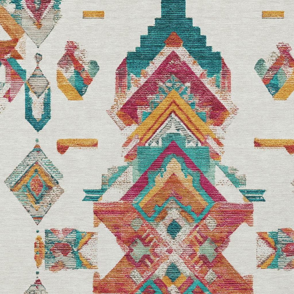 9' X 12' Ivory And Coral Tribal Washable Indoor Outdoor Area Rug Homeroots Outdoor